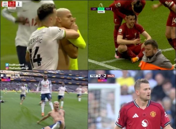 脚本重演😅里沙利松曾被若塔绝杀打懵，本日破门德里赫特秒扳平